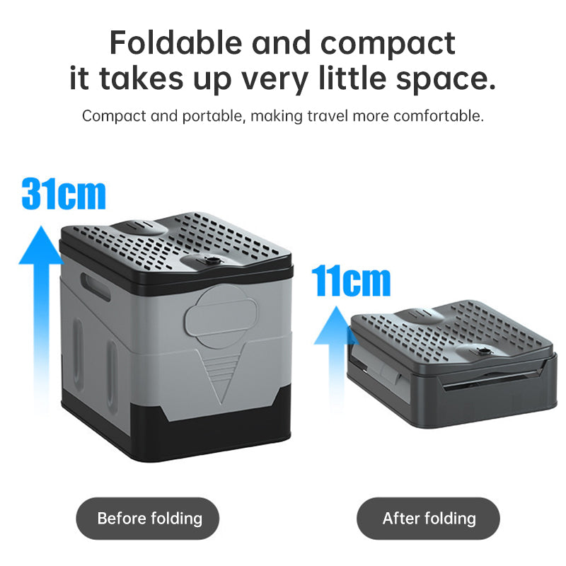 Portable folding camping toilet: adult/child use, self-contained, with lid and seat.