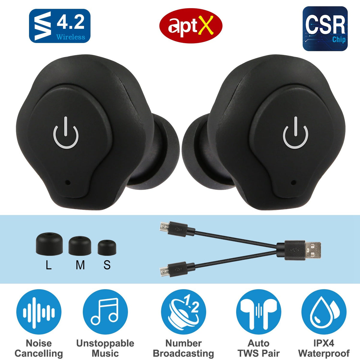True Wireless Earbuds CSR V4.2 In-ear Stereo Headsets IP44 Waterproof Apt-X TWS Headphones Noise Cancelling w/ Mic for Business Driving Walking