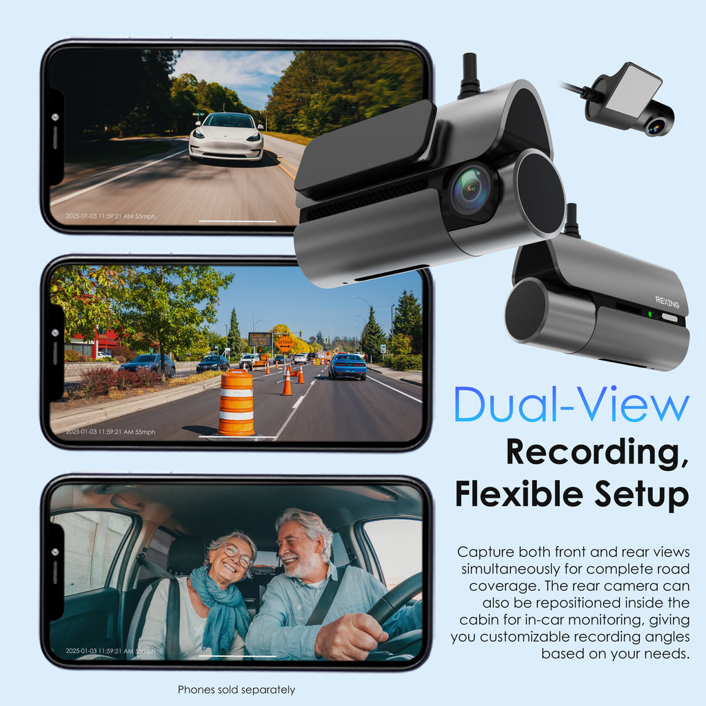 Rexing 4G LTE 2-Channel Dash Cam with GPS – 2.5K Front + 1080p Rear | Real-Time Remote Access & Alerts
