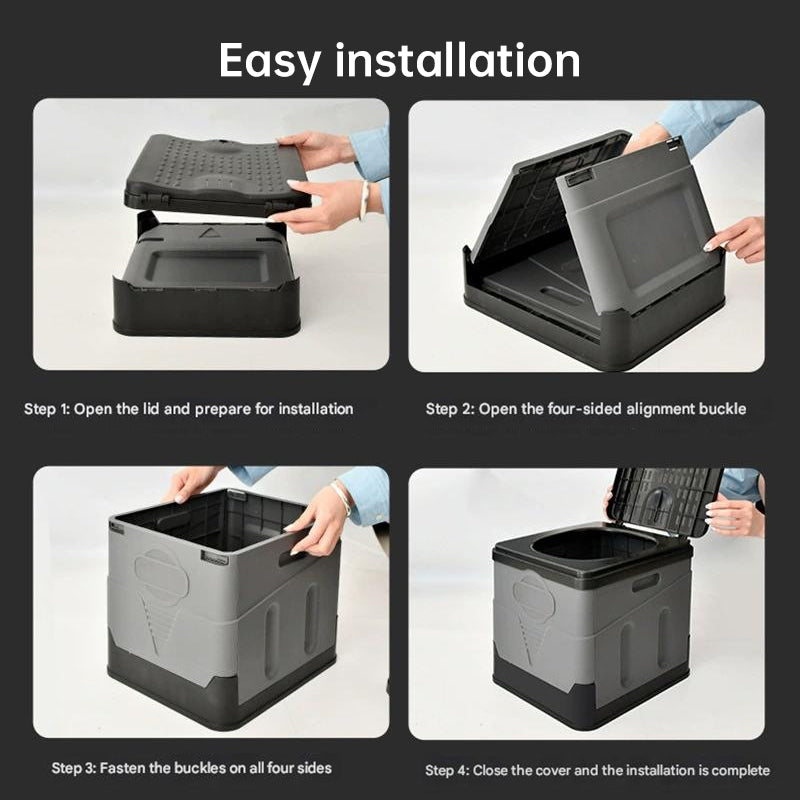Portable folding camping toilet: adult/child use, self-contained, with lid and seat.