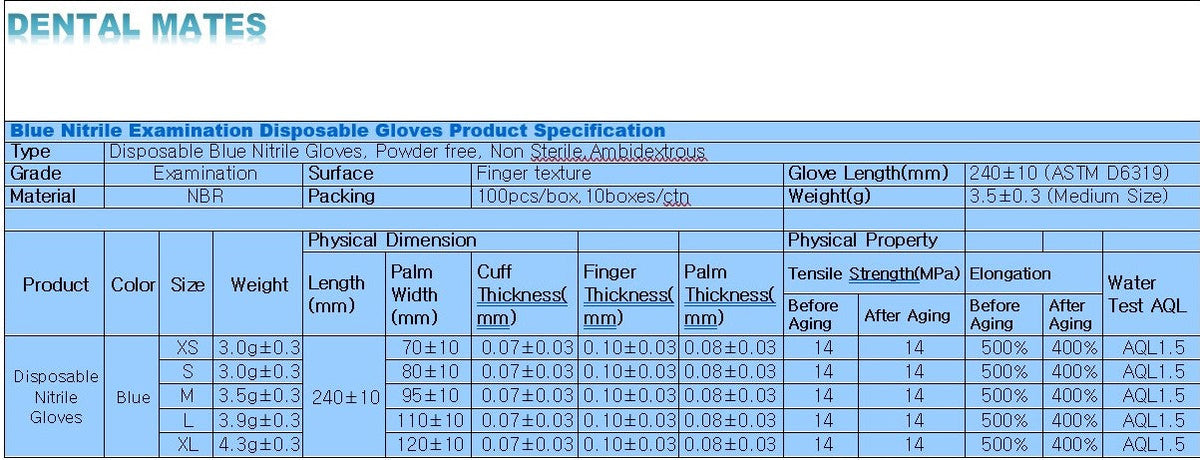 Dental Mates 4mil Disposable Nitrile Gloves Blue 100pcs/box 10 boxes/case
