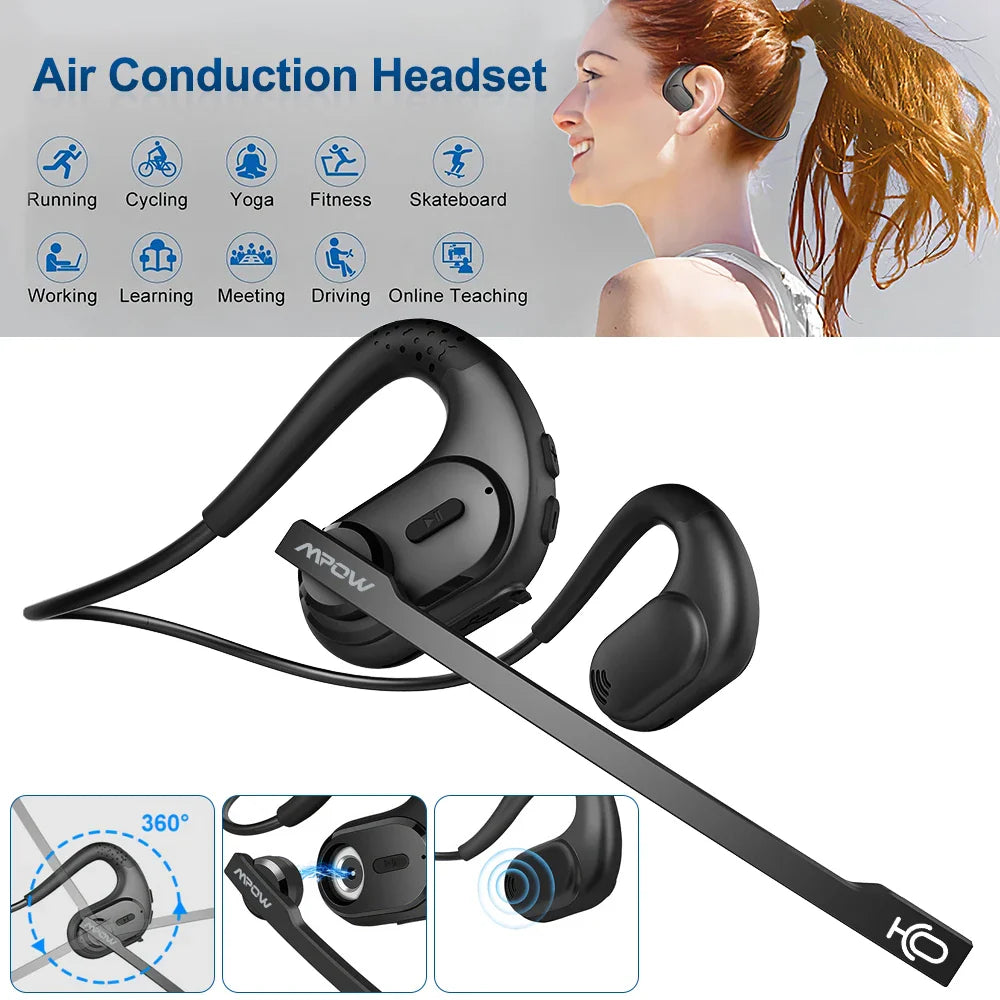 Mpow G9 Bluetooth 5.3 Earphones with Removable Microphone Noise Cancelling Open Ear Handsfree Business Headset Office Driving