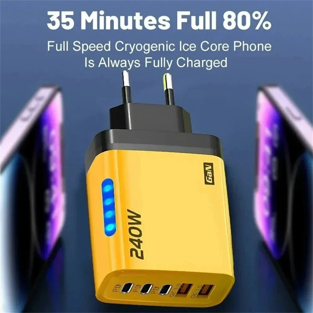 240W 5 in 1 USB C GaN Desktop Charger Fast Charge Phone Adapter 10A Type C Cable For iPhone Samsung Xiaomi EU/US/UK Plug Charger