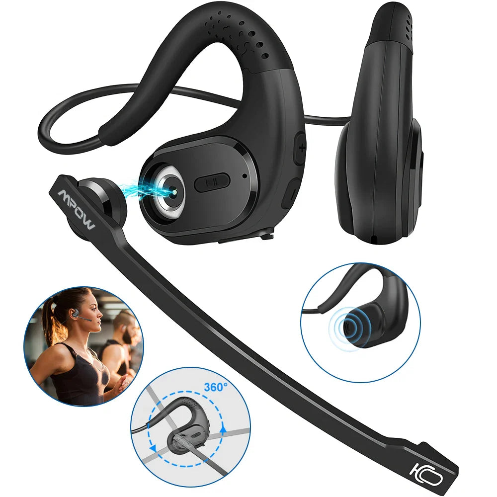 Mpow G9 Bluetooth 5.3 Earphones with Removable Microphone Noise Cancelling Open Ear Handsfree Business Headset Office Driving
