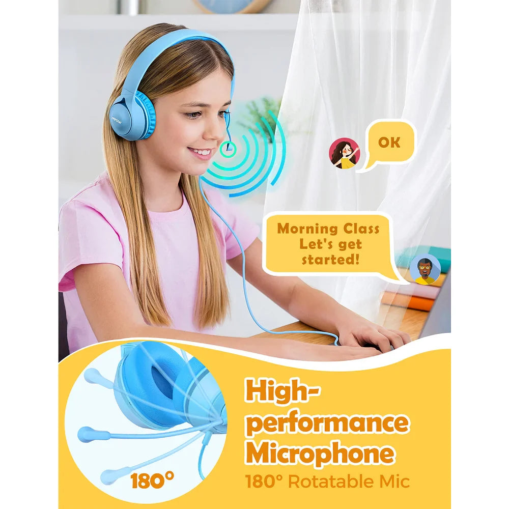 Mpow LH1 Kids Headphones with Microphone,Safe Volume Limiter 94dB,3.5mm Jack On-Ear Headset for Children Teens Girls Boys School