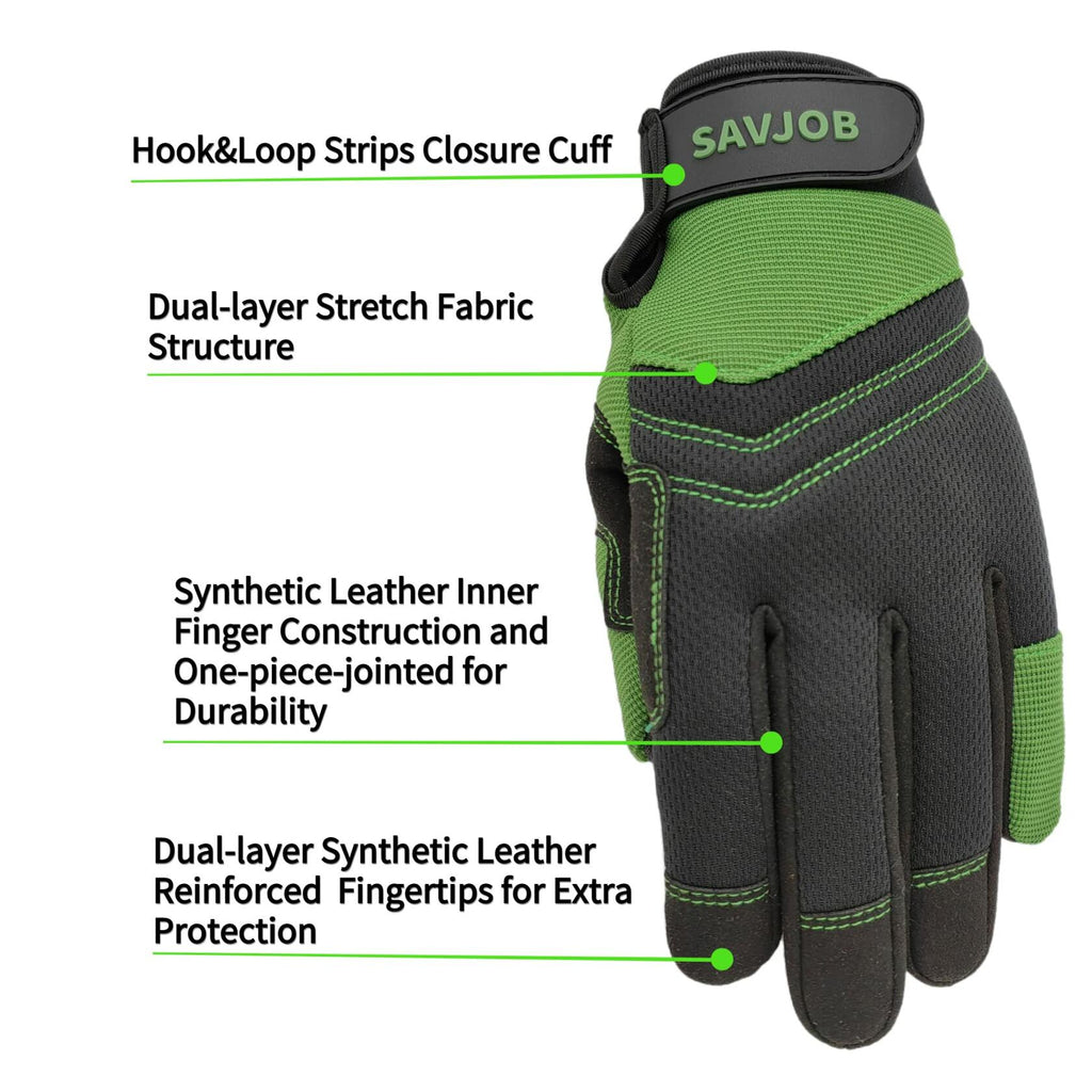 SAVJOB Synthetic Leather Work Gloves Touchscreen Yard Garden Green Small